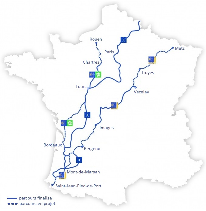Carte Saint-Jacques-de-Compostelle à vélo en France