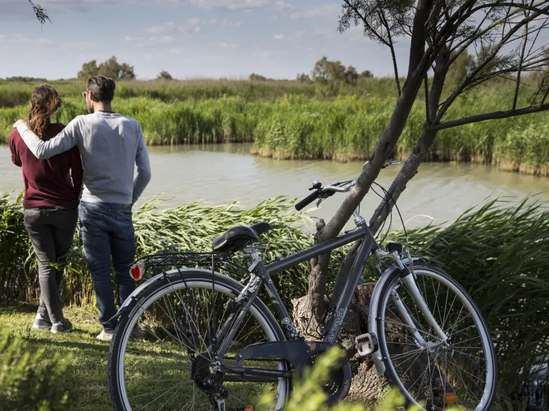 Couple cycling in Camargue on the ViaRhôna