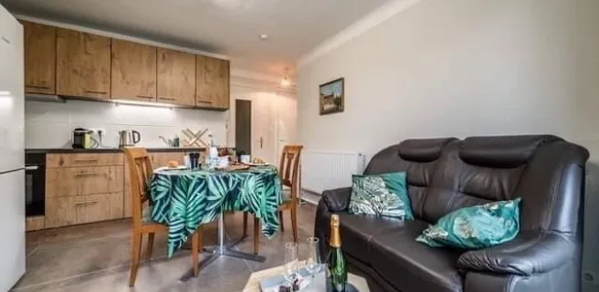 Cuisine ouverte sur le séjour avec table à manger